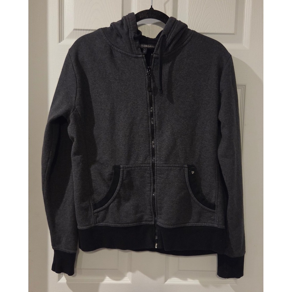 Pact Organic Cotton Hoodie Womens Large Gray Black Full Zip Fleece Sweatshirt